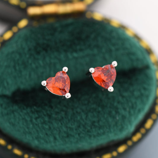 Tiny Garnet Red CZ Heart Stud Earrings in Sterling Silver, Silver or Gold, Red Crystal Heart Earrings, Stacking Earrings