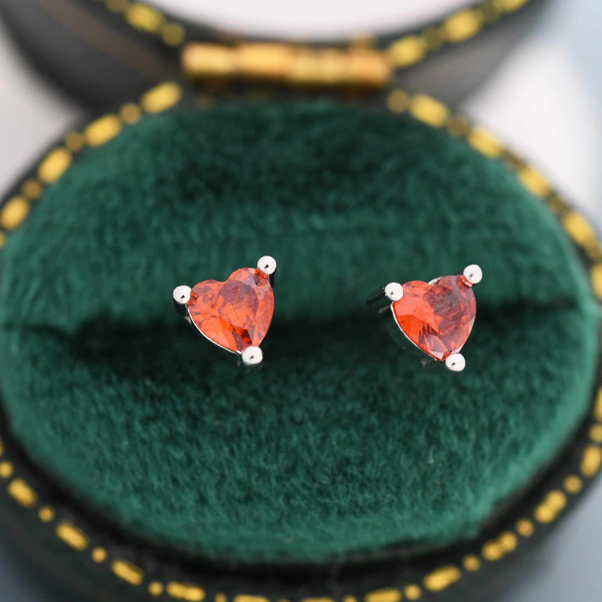 Tiny Garnet Red CZ Heart Stud Earrings in Sterling Silver, Silver or Gold, Red Crystal Heart Earrings, Stacking Earrings