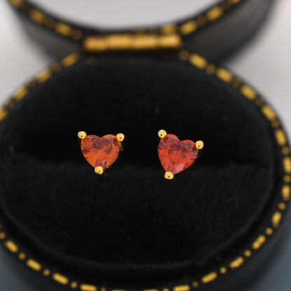 Tiny Garnet Red CZ Heart Stud Earrings in Sterling Silver, Silver or Gold, Red Crystal Heart Earrings, Stacking Earrings