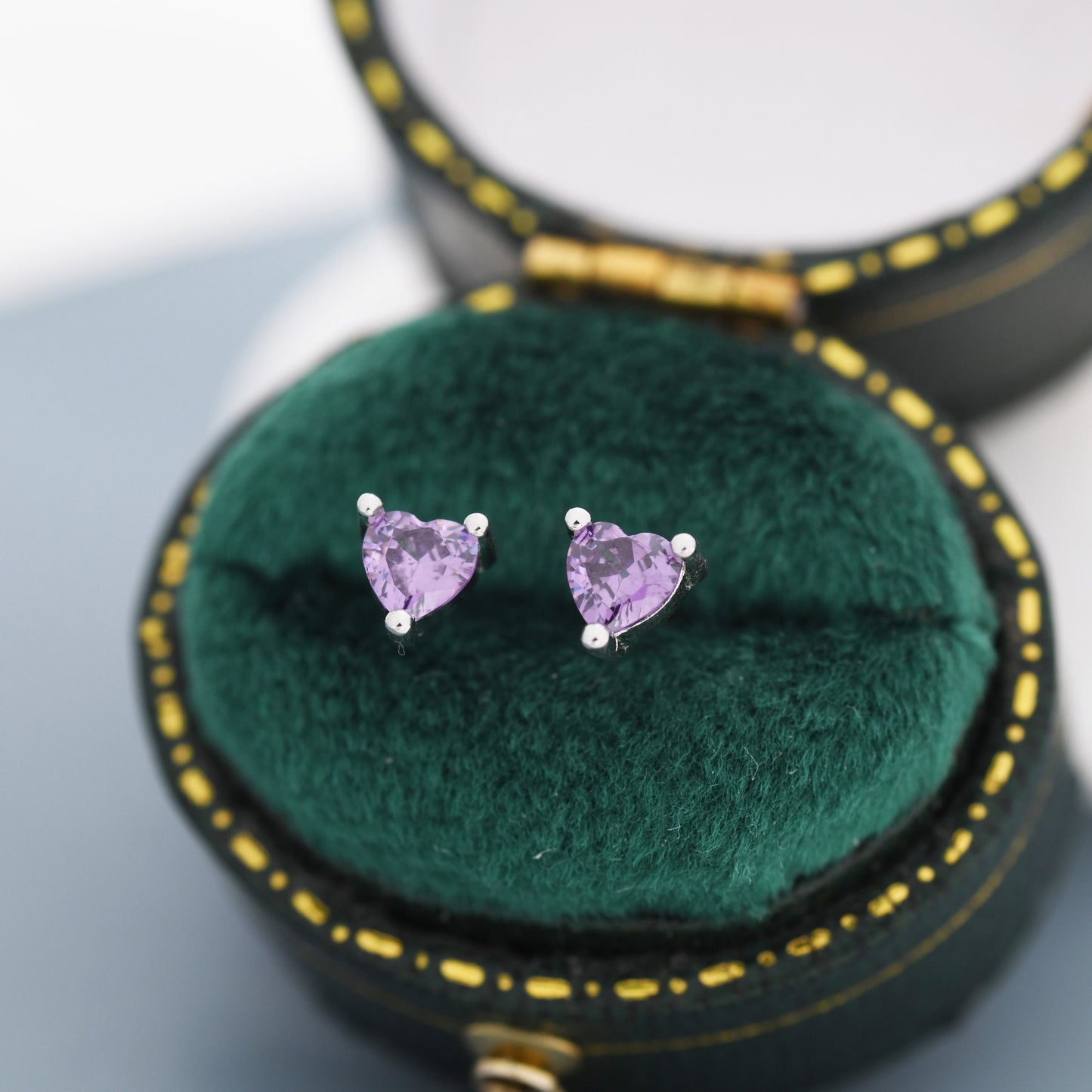 Tiny Amethyst Purple CZ Heart Stud Earrings in Sterling Silver, Silver or Gold, Diamond CZ Crystal Heart Earrings, Stacking Earrings