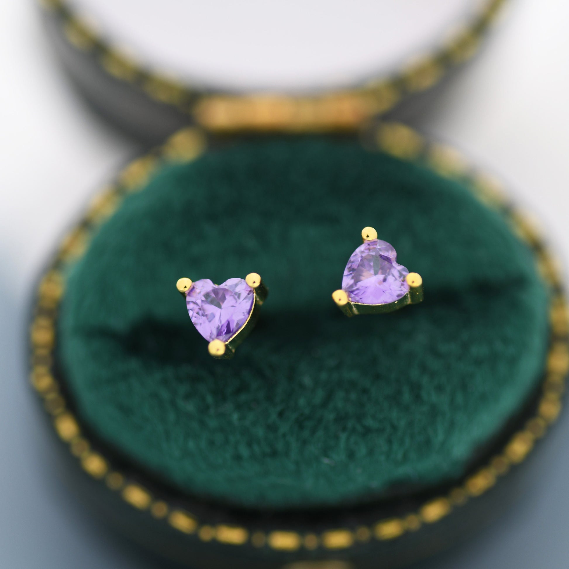Tiny Amethyst Purple CZ Heart Stud Earrings in Sterling Silver, Silver or Gold, Diamond CZ Crystal Heart Earrings, Stacking Earrings