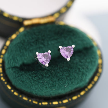 Tiny Amethyst Purple CZ Heart Stud Earrings in Sterling Silver, Silver or Gold, Diamond CZ Crystal Heart Earrings, Stacking Earrings