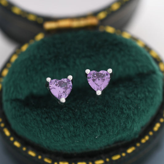 Tiny Amethyst Purple CZ Heart Stud Earrings in Sterling Silver, Silver or Gold, Diamond CZ Crystal Heart Earrings, Stacking Earrings