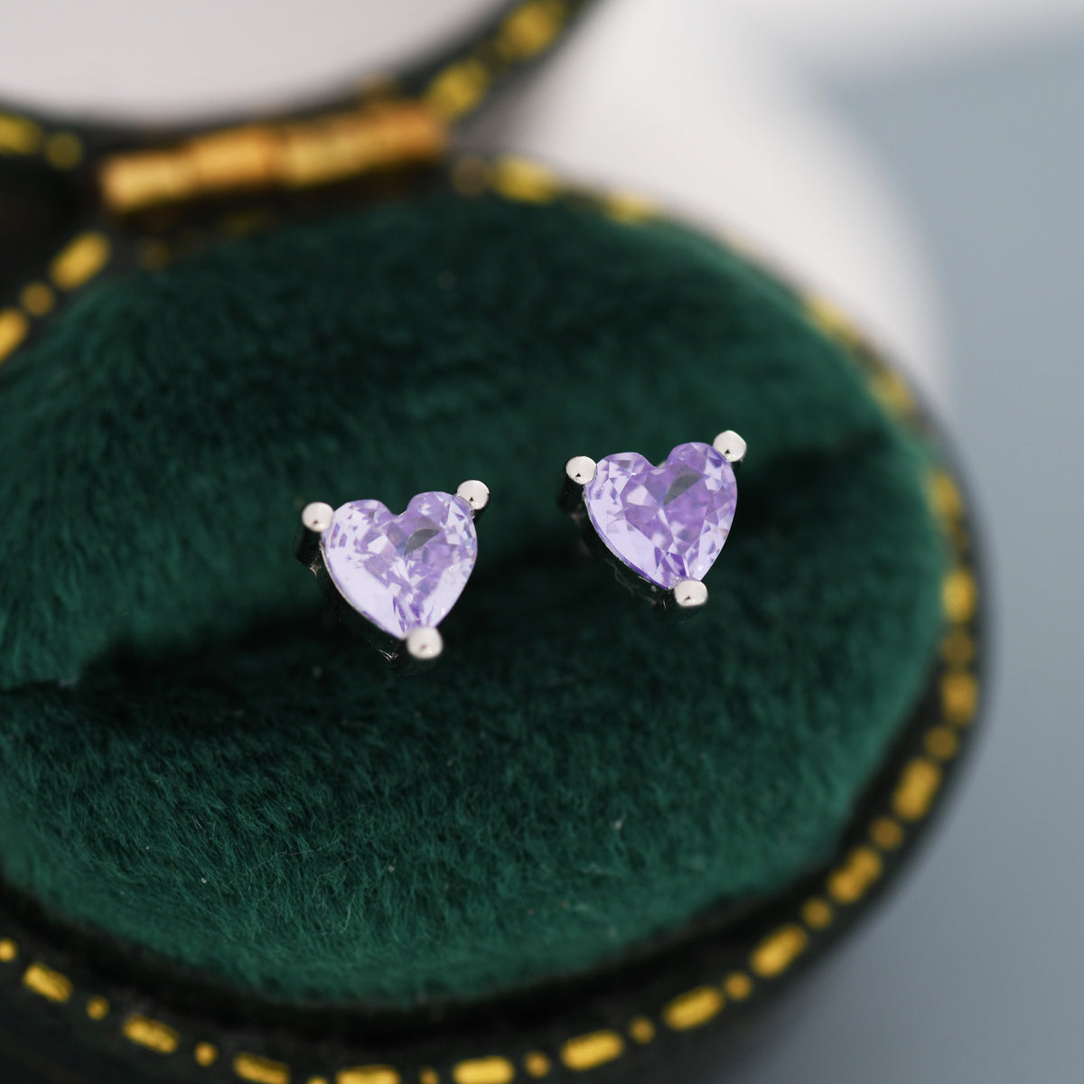 Tiny Alexandrite Purple Blue CZ Heart Stud Earrings in Sterling Silver, Silver or Gold, CZ Crystal Heart Earrings, Stacking Earrings