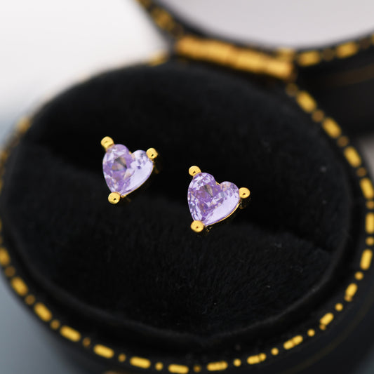 Tiny Alexandrite Purple Blue CZ Heart Stud Earrings in Sterling Silver, Silver or Gold, CZ Crystal Heart Earrings, Stacking Earrings