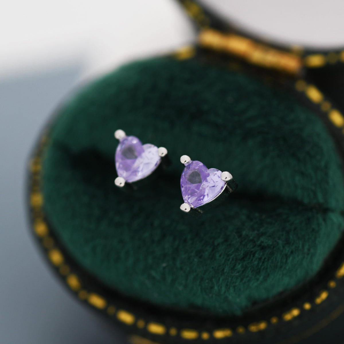 Tiny Alexandrite Purple Blue CZ Heart Stud Earrings in Sterling Silver, Silver or Gold, CZ Crystal Heart Earrings, Stacking Earrings
