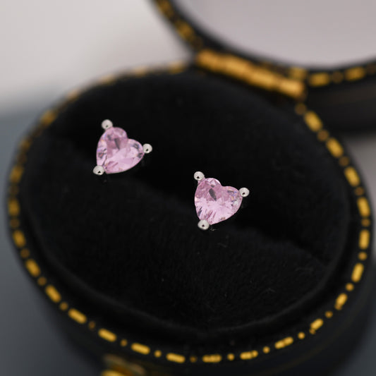 Tiny Tourmaline Pink CZ Heart Stud Earrings in Sterling Silver, Silver or Gold,  CZ Crystal Heart Earrings, Stacking Earrings