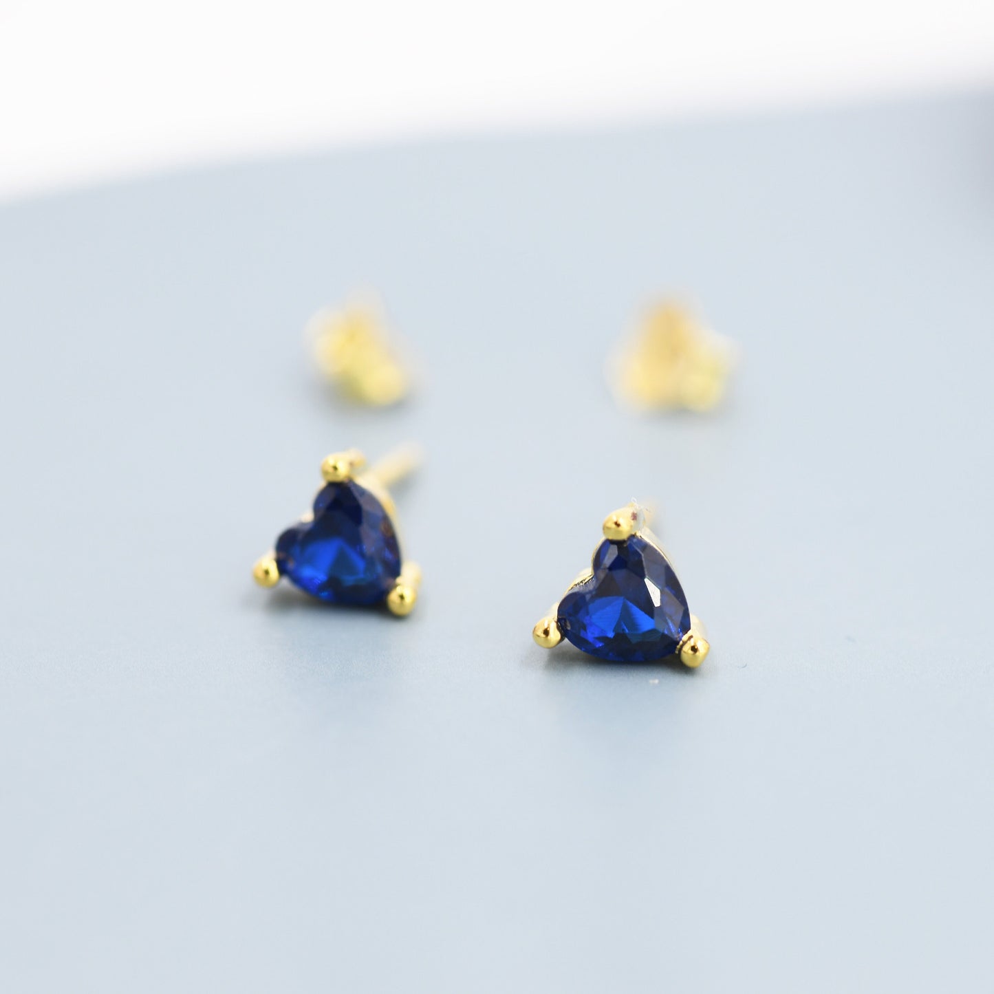 Tiny Sapphire Blue CZ Heart Stud Earrings in Sterling Silver, Silver or Gold,   Crystal Heart Earrings, Stacking Earrings, September