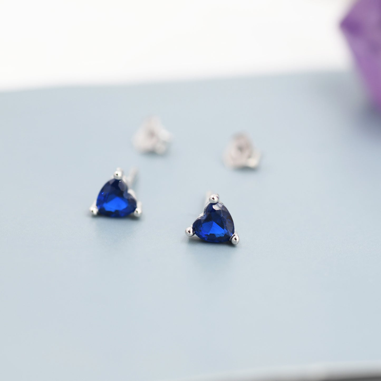 Tiny Sapphire Blue CZ Heart Stud Earrings in Sterling Silver, Silver or Gold,   Crystal Heart Earrings, Stacking Earrings, September