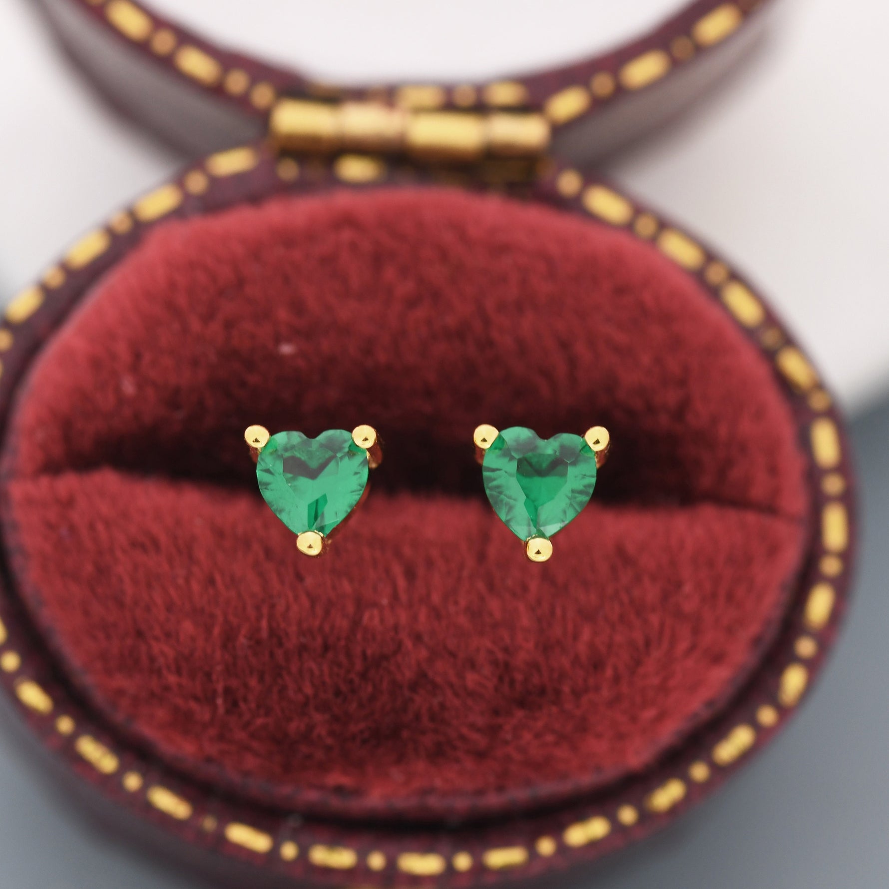 Tiny Emerald Green CZ Heart Stud Earrings in Sterling Silver, Silver or Gold, Crystal Heart Earrings, Stacking Earrings, May Birthstone