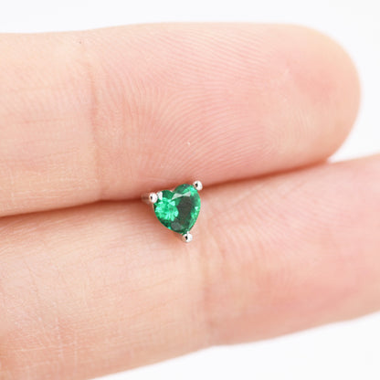Tiny Emerald Green CZ Heart Stud Earrings in Sterling Silver, Silver or Gold, Crystal Heart Earrings, Stacking Earrings, May Birthstone