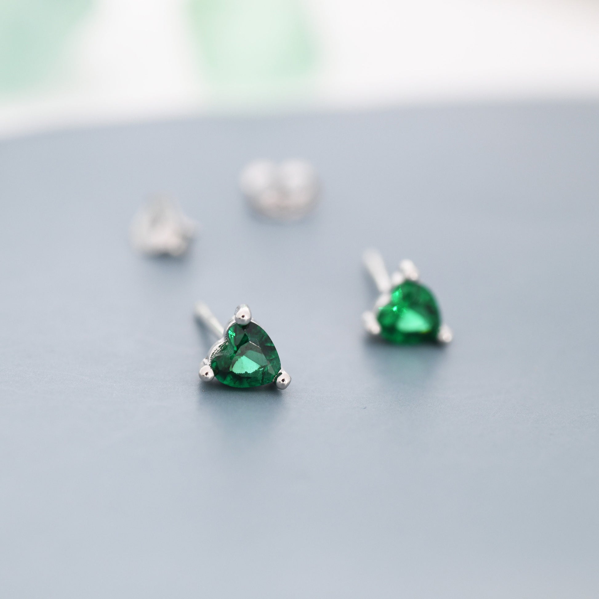 Tiny Emerald Green CZ Heart Stud Earrings in Sterling Silver, Silver or Gold, Crystal Heart Earrings, Stacking Earrings, May Birthstone
