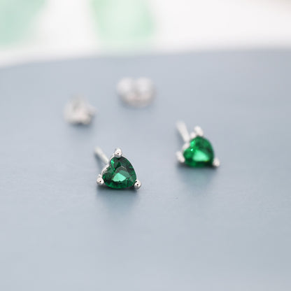 Tiny Emerald Green CZ Heart Stud Earrings in Sterling Silver, Silver or Gold,  Crystal Heart Earrings, Stacking Earrings, May Birthstone