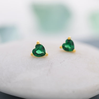 Tiny Emerald Green CZ Heart Stud Earrings in Sterling Silver, Silver or Gold,  Crystal Heart Earrings, Stacking Earrings, May Birthstone