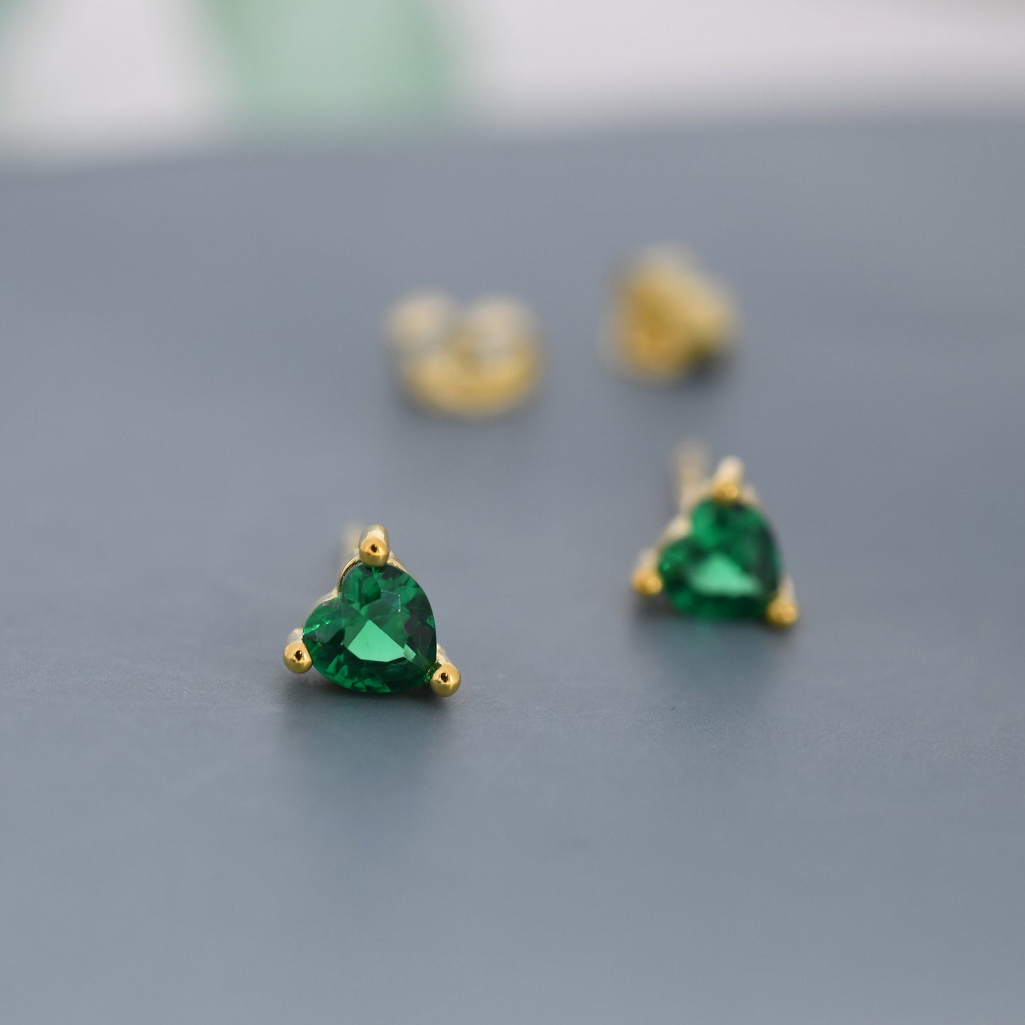 Tiny Emerald Green CZ Heart Stud Earrings in Sterling Silver, Silver or Gold, Crystal Heart Earrings, Stacking Earrings, May Birthstone