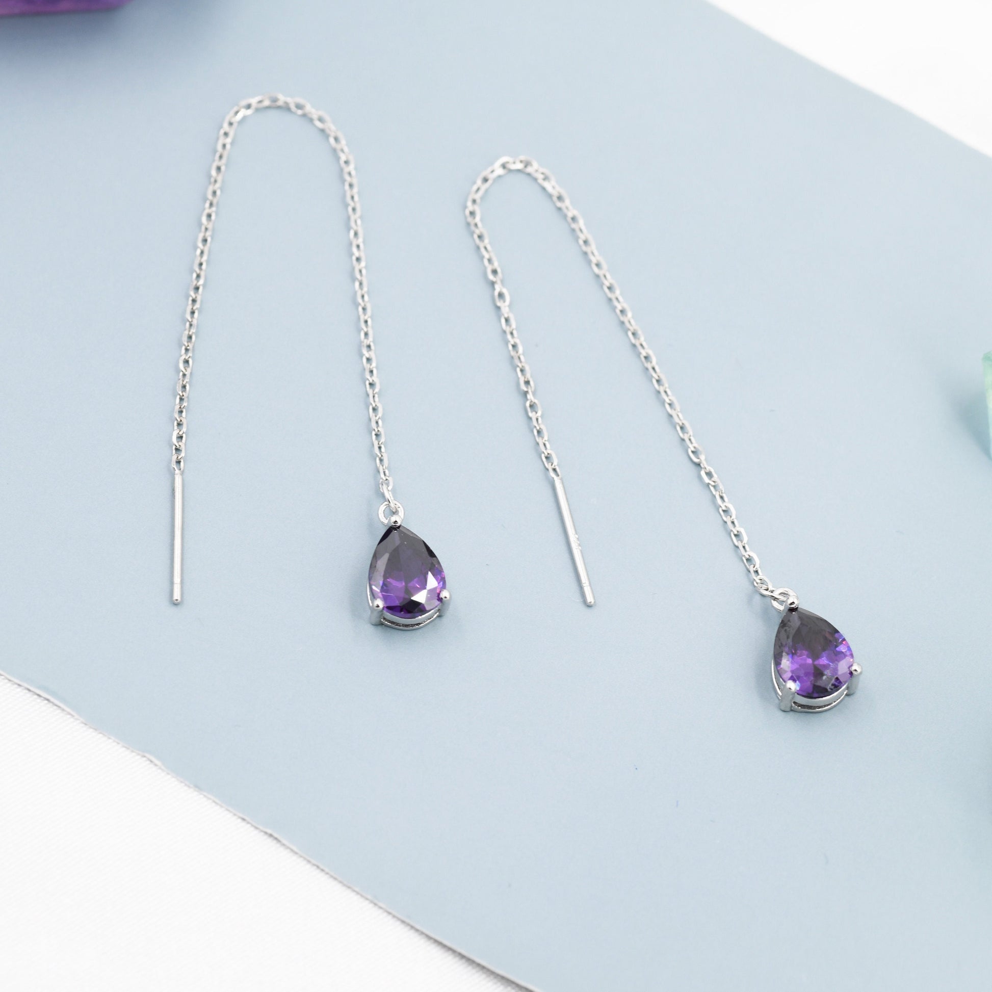 Amethyst Purple Droplet Threader Earrings in Sterling Silver, Silver or Gold, Pear Cut CZ Long Ear Threaders, Sparkly CZ Threaders
