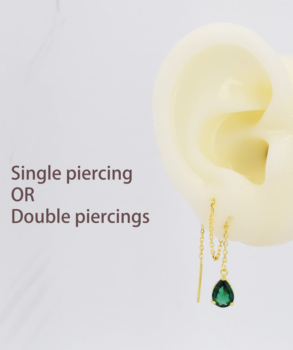 Emerald Green Droplet CZ Threader Earrings in Sterling Silver, Silver or Gold, Pear Cut CZ Long Ear Threaders, Sparkly CZ Threaders