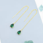Emerald Green Droplet CZ Threader Earrings in Sterling Silver, Silver or Gold, Pear Cut CZ Long Ear Threaders, Sparkly CZ Threaders