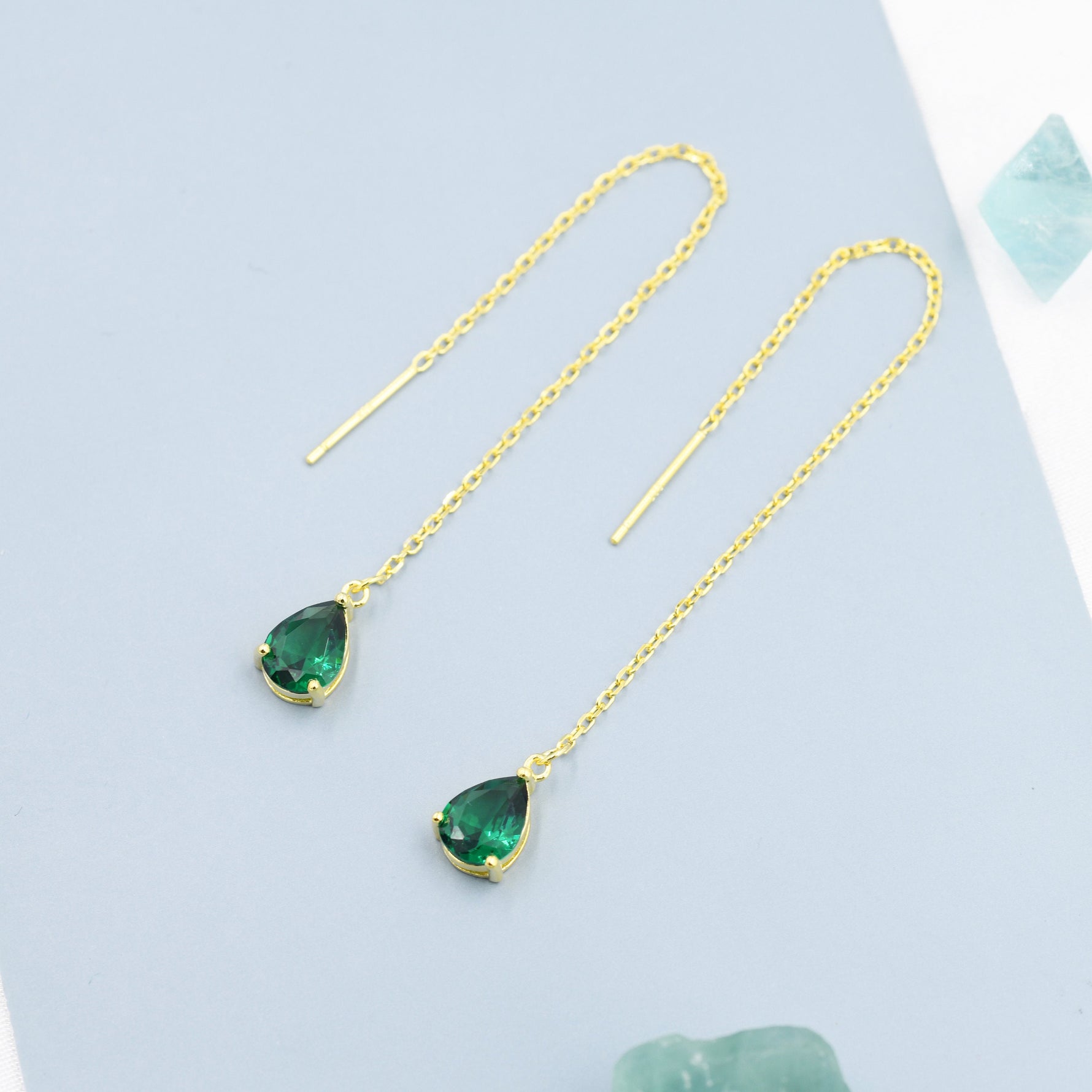 Emerald Green Droplet CZ Threader Earrings in Sterling Silver, Silver or Gold, Pear Cut CZ Long Ear Threaders, Sparkly CZ Threaders