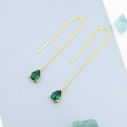 Emerald Green Droplet CZ Threader Earrings in Sterling Silver, Silver or Gold,  Pear Cut CZ Long Ear Threaders, Sparkly CZ Threaders