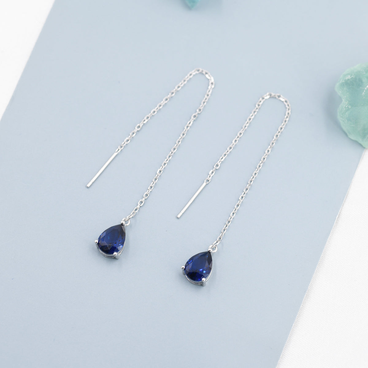 Sapphire Blue CZ Droplet Threader Earrings in Sterling Silver, Silver or Gold, Pear Cut CZ Long Ear Threaders, Sparkly CZ Threaders