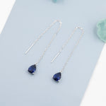Sapphire Blue CZ Droplet Threader Earrings in Sterling Silver, Silver or Gold, Pear Cut CZ Long Ear Threaders, Sparkly CZ Threaders