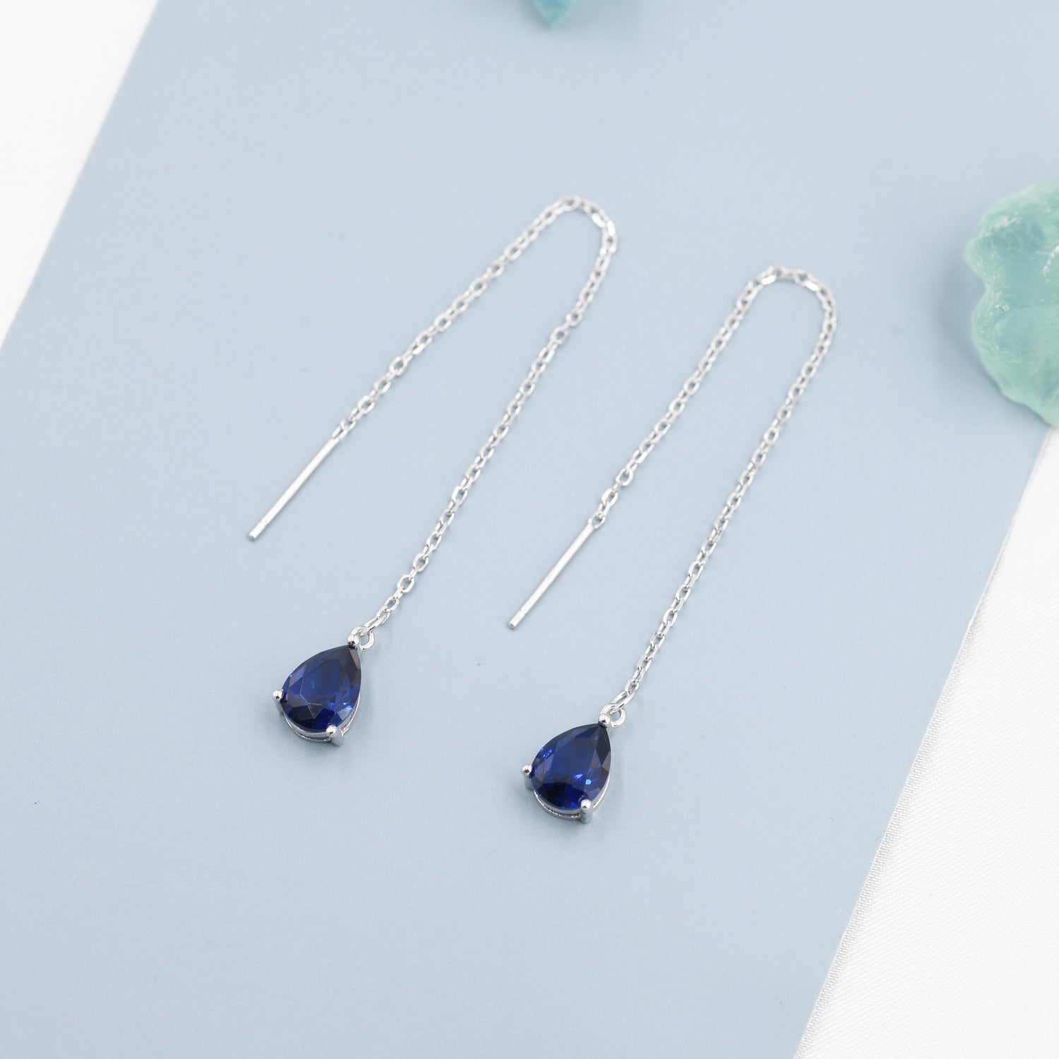 Sapphire Blue CZ Droplet Threader Earrings in Sterling Silver, Silver or Gold, Pear Cut CZ Long Ear Threaders, Sparkly CZ Threaders