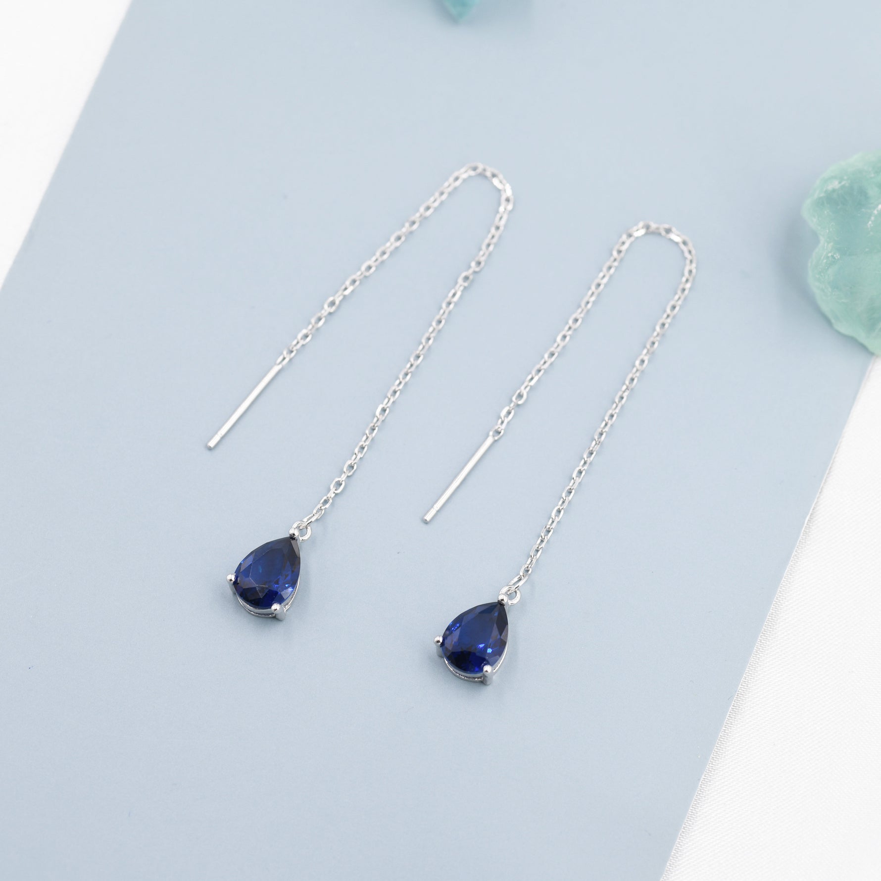 Sapphire Blue CZ Droplet Threader Earrings in Sterling Silver, Silver or Gold, Pear Cut CZ Long Ear Threaders, Sparkly CZ Threaders