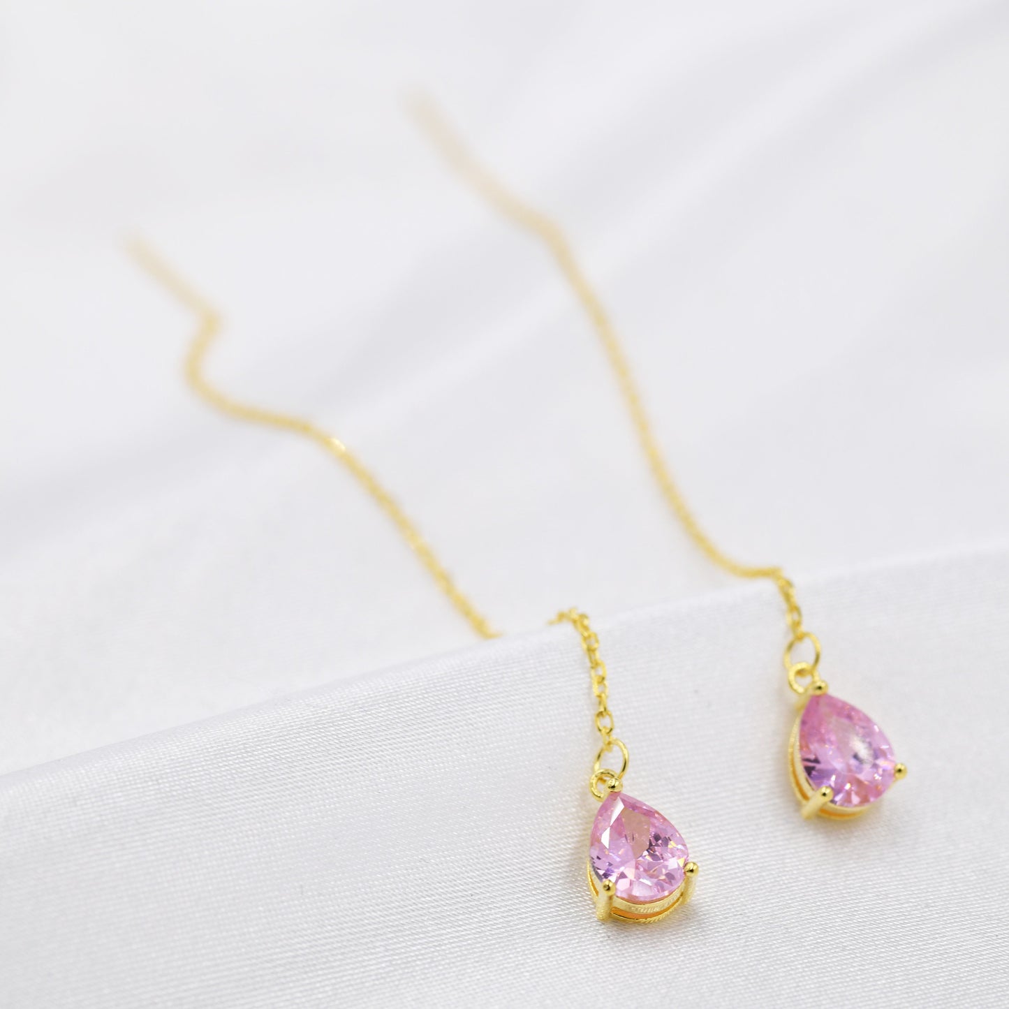 Tourmaline Pink CZ Droplet Threader Earrings in Sterling Silver, Silver or Gold,  Pear Cut CZ Long Ear Threaders, Sparkly CZ Threaders