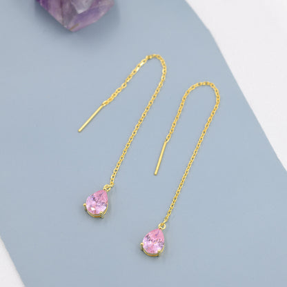 Tourmaline Pink CZ Droplet Threader Earrings in Sterling Silver, Silver or Gold,  Pear Cut CZ Long Ear Threaders, Sparkly CZ Threaders