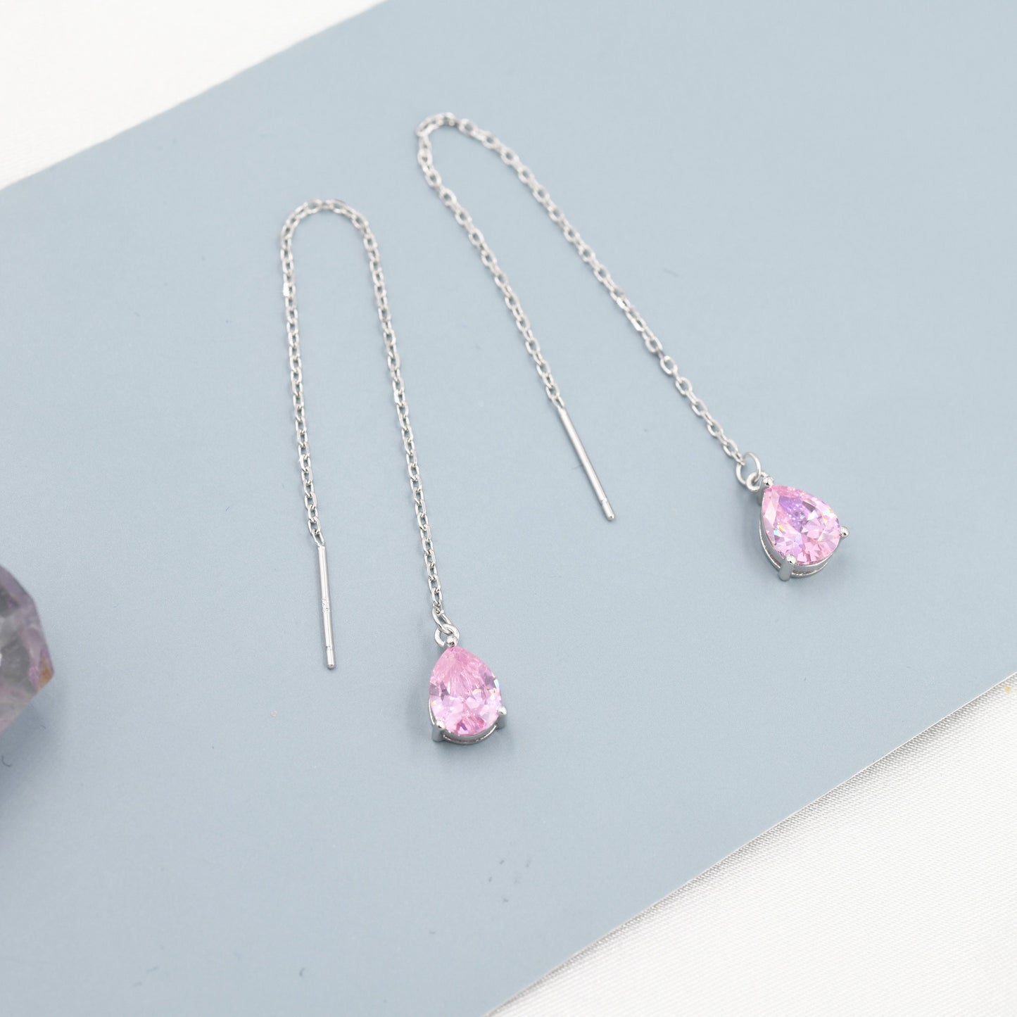 Tourmaline Pink CZ Droplet Threader Earrings in Sterling Silver, Silver or Gold,  Pear Cut CZ Long Ear Threaders, Sparkly CZ Threaders