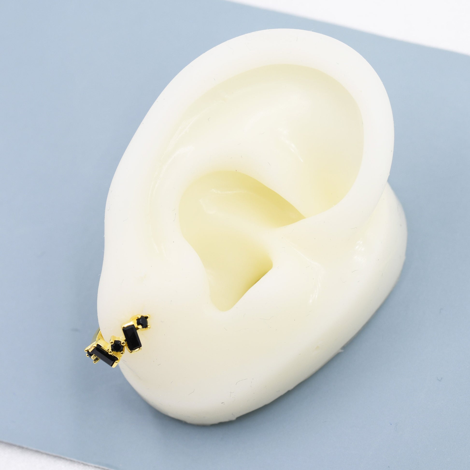 Onyx Black Baguette CZ Cluster Huggie Hoop in Sterling Silver, Silver or Gold, Geometric Hoop Earrings, Irregular Shaped