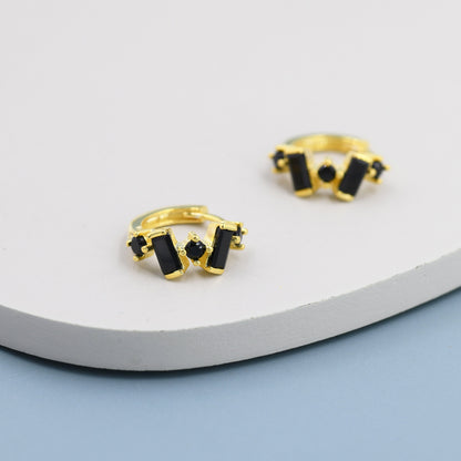 Onyx Black Baguette CZ Cluster Huggie Hoop in Sterling Silver, Silver or Gold, Geometric Hoop Earrings, Irregular Shaped