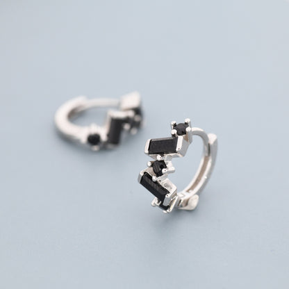 Onyx Black Baguette CZ Cluster Huggie Hoop in Sterling Silver, Silver or Gold, Geometric Hoop Earrings, Irregular Shaped