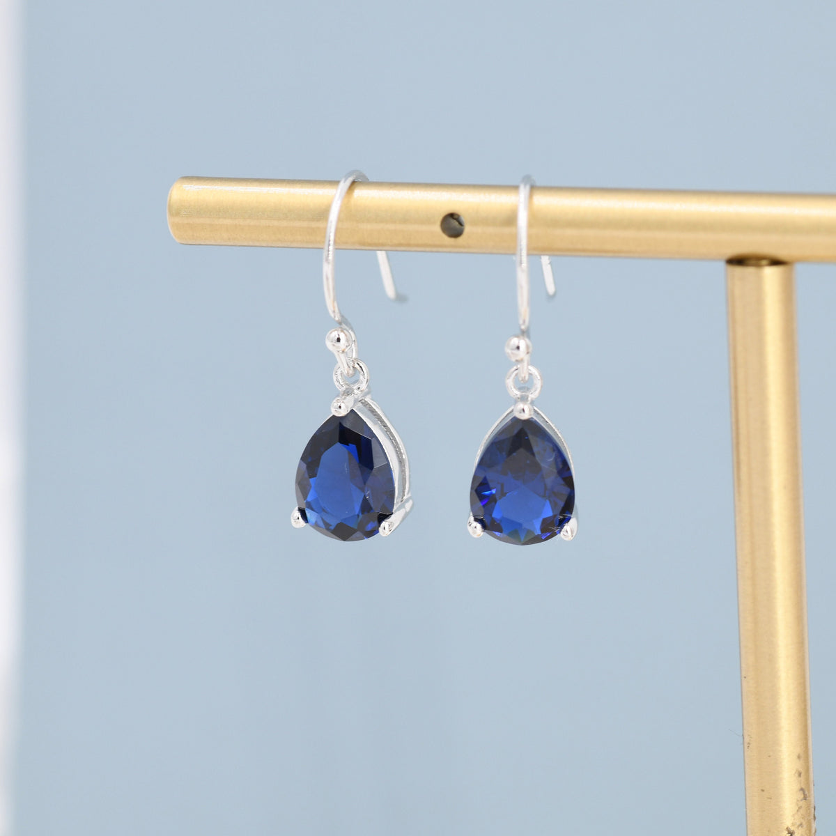 Sapphire Blue Pear Cut CZ Drop Earrings in Sterling Silver, Silver or Gold, Blue Droplet Dangle Earrings