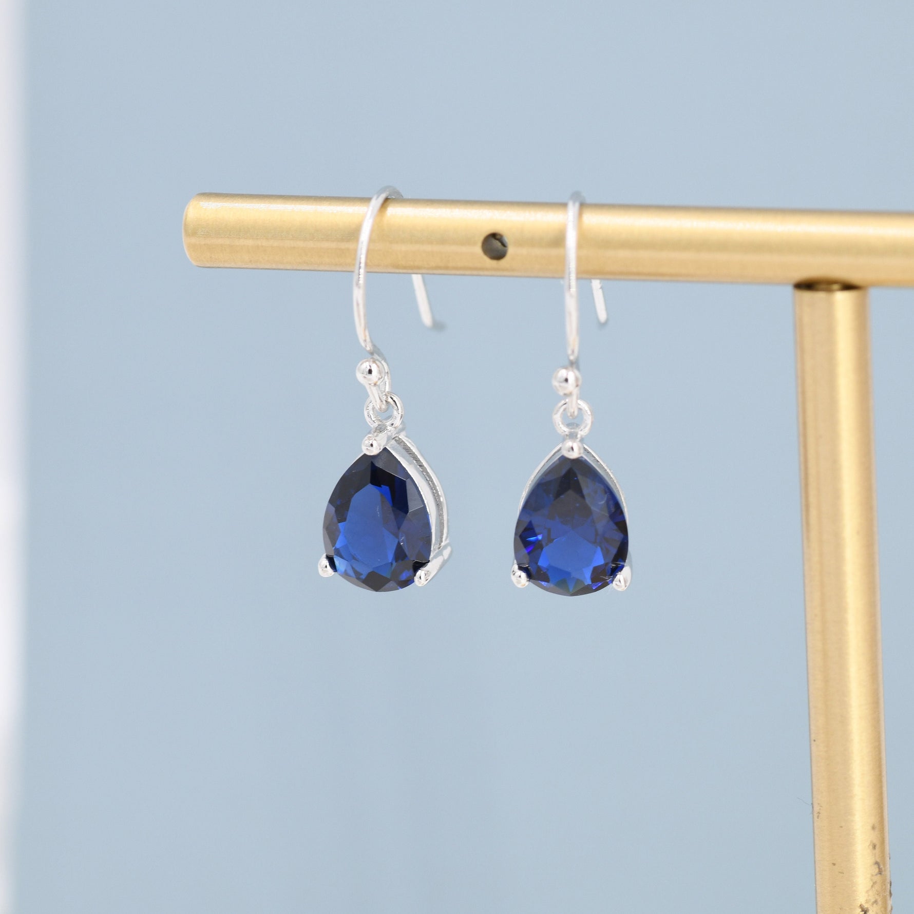 Sapphire Blue Pear Cut CZ Drop Earrings in Sterling Silver, Silver or Gold, Blue Droplet Dangle Earrings