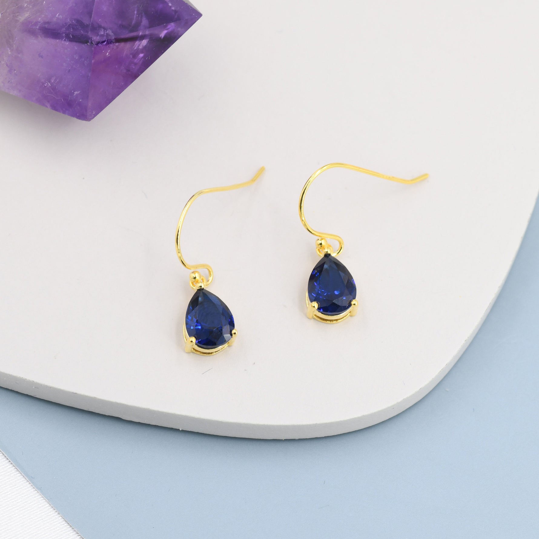 Sapphire Blue Pear Cut CZ Drop Earrings in Sterling Silver, Silver or Gold, Blue Droplet Dangle Earrings