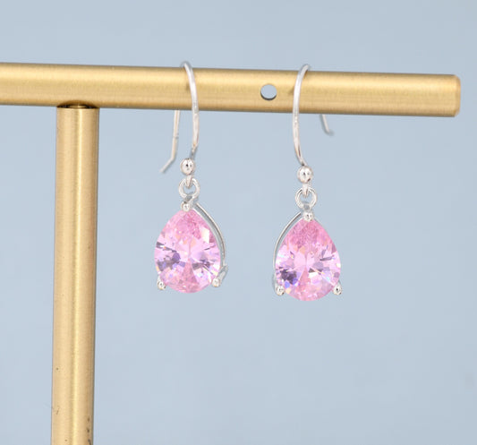 Tourmaline Pink Pear Cut CZ Drop Earrings in Sterling Silver, Silver or Gold, Pink Droplet Dangle Earrings