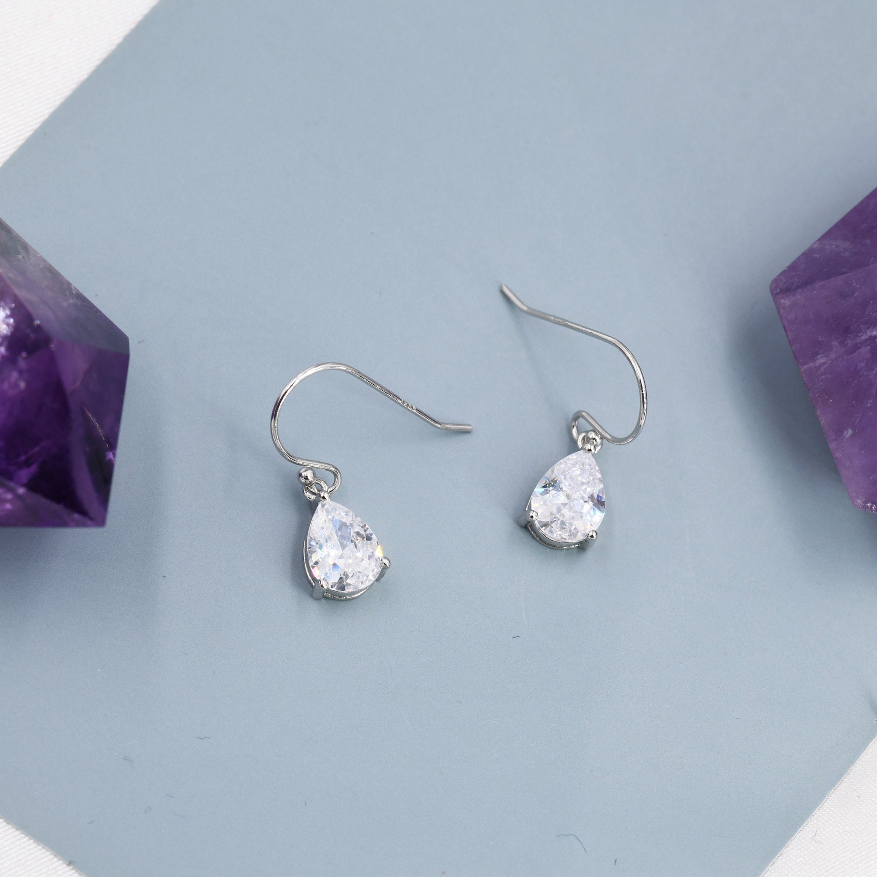 Pear Cut CZ Huggie Drop Earrings in Sterling Silver, Silver or Gold, Minimalist Droplet Dangle Earrings, Drop Earrings