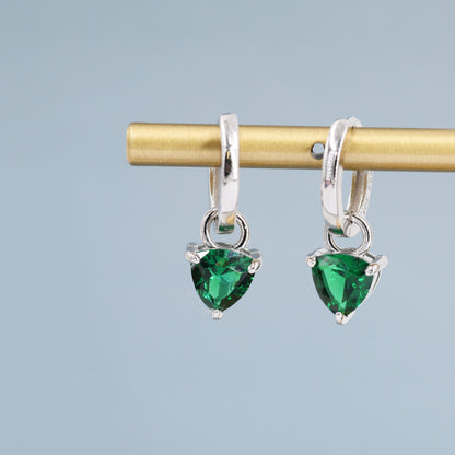 Sterling Silver Emerald Green Trillion Cut CZ Hoop Earrings, Silver, Gold, Triangle Dangle Hoop Earrings, Interchangeable Charm