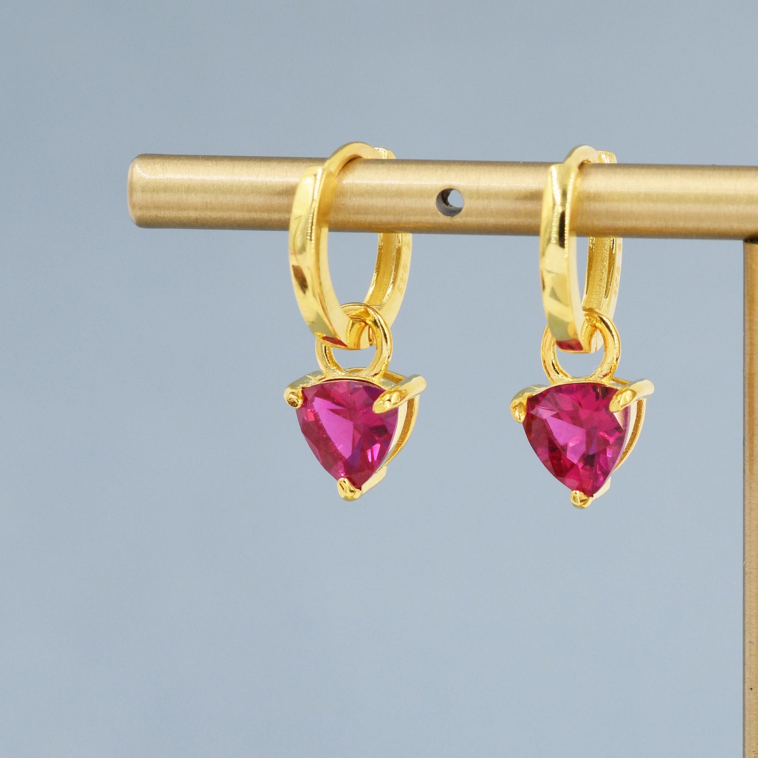 Sterling Silver Ruby Red Trillion Cut CZ Hoop Earrings, Silver, Gold, Triangle Dangle Hoop Earrings, Interchangeable Charm, July Birthstone