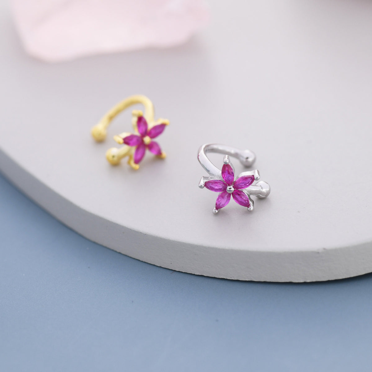 Ruby Pink CZ Flower Ear Cuff in Sterling Silver, Silver or Gold, Simple Piercing Free Earrings, Minimalist Ear Cuff, Pink CZ Cuff, July