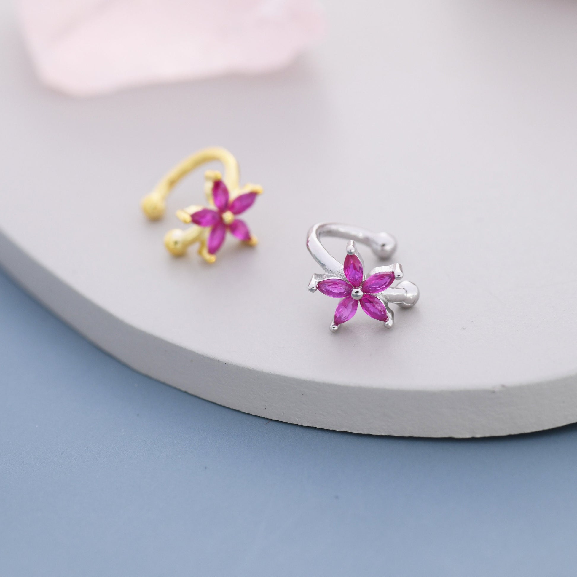 Ruby Pink CZ Flower Ear Cuff in Sterling Silver, Silver or Gold, Simple Piercing Free Earrings, Minimalist Ear Cuff, Pink CZ Cuff, July