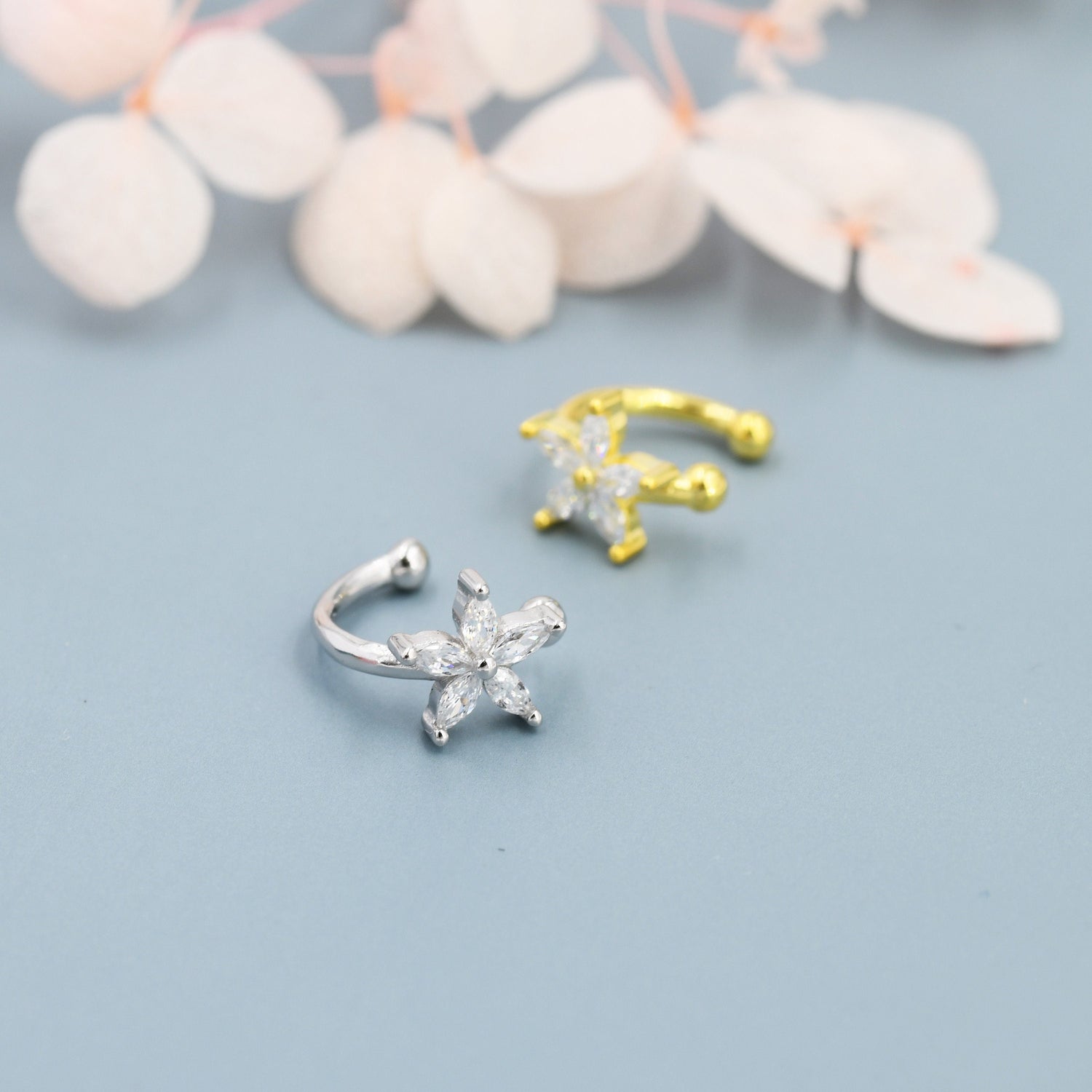 CZ Flower Ear Cuff in Sterling Silver, Silver or Gold, Simple Piercing Free Earrings, Minimalist Ear Cuff, Pink CZ Cuff