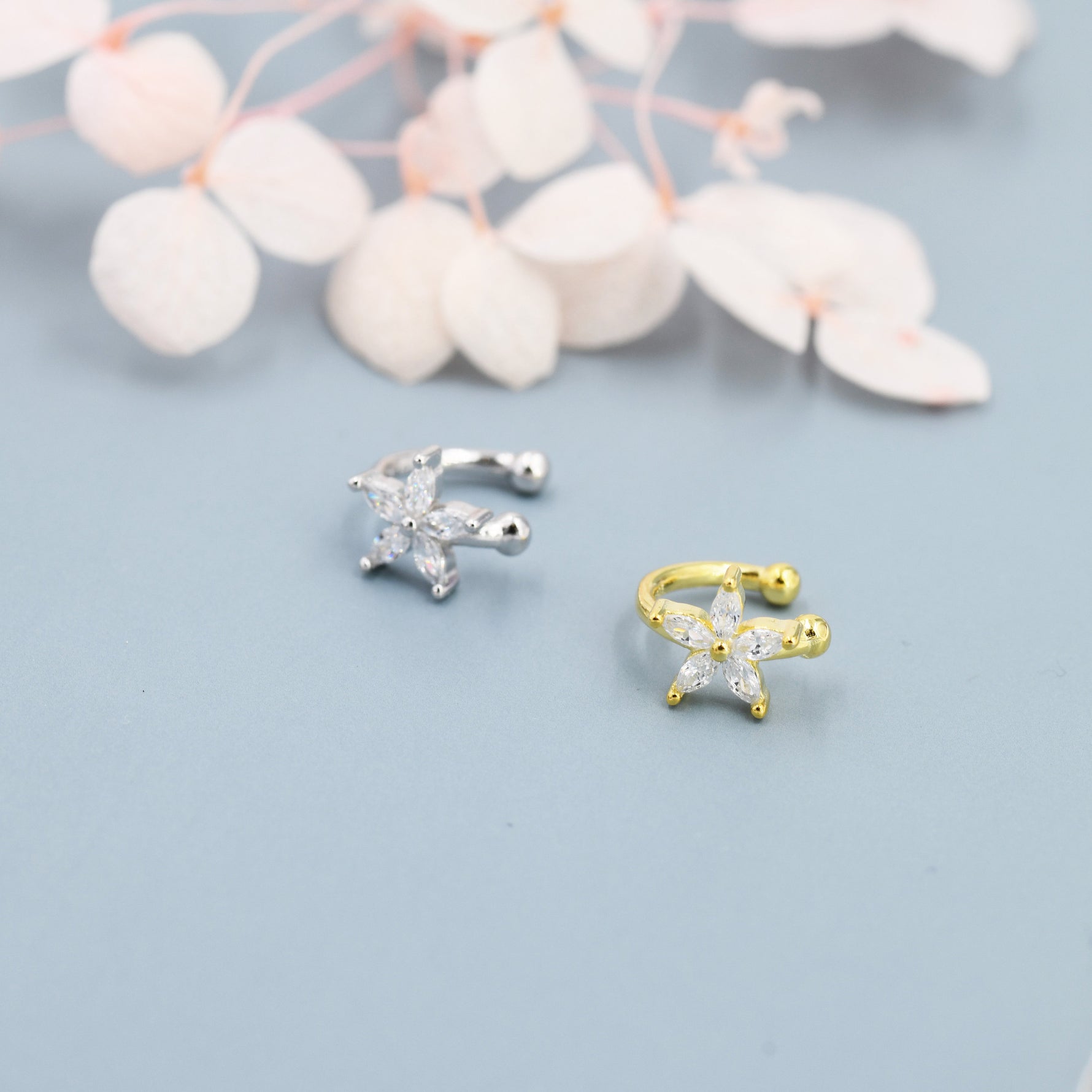 CZ Flower Ear Cuff in Sterling Silver, Silver or Gold, Simple Piercing Free Earrings, Minimalist Ear Cuff, Pink CZ Cuff