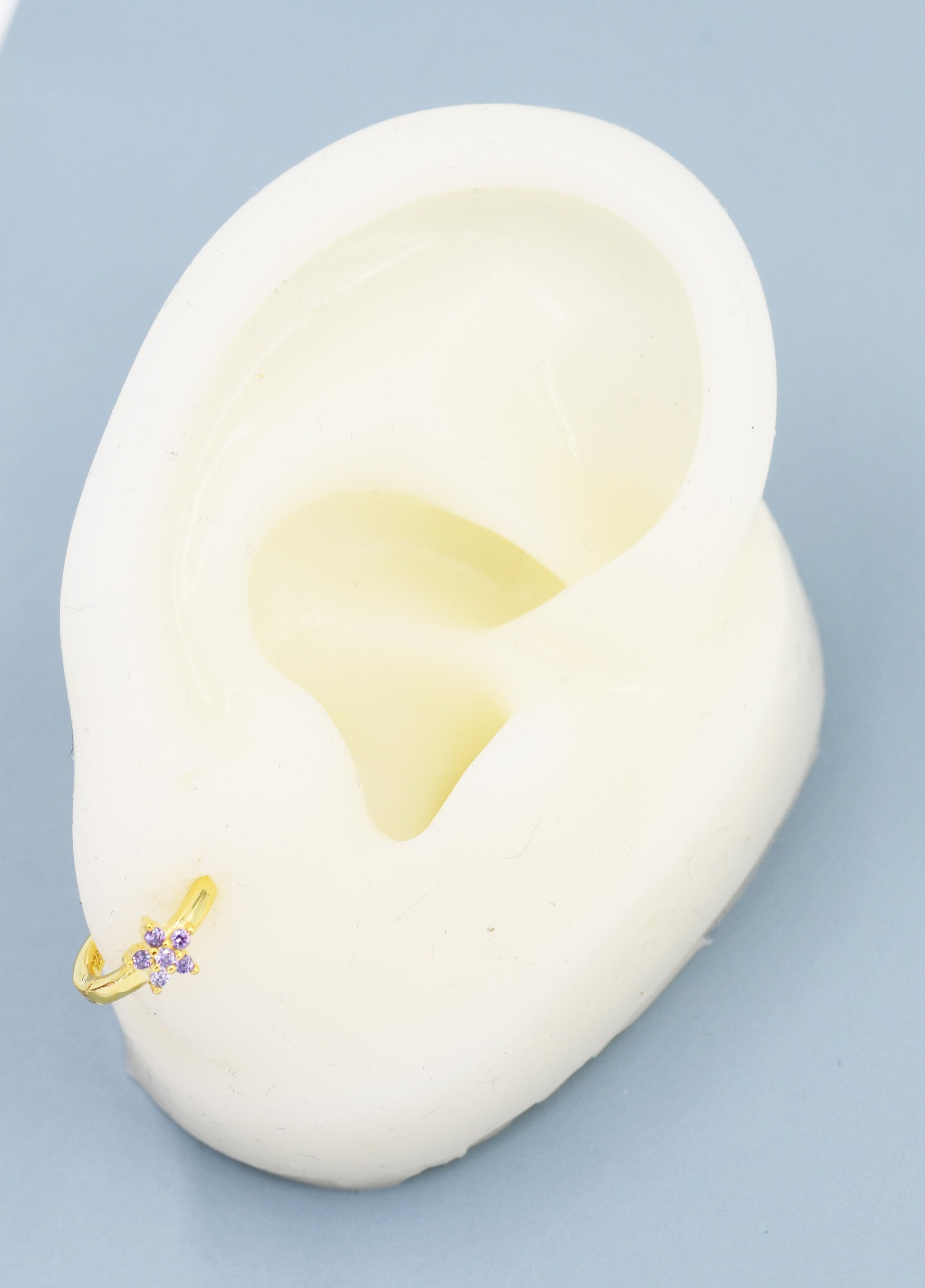 Tiny Purple Amethyst CZ Flower Huggie Hoops, CZ Hoop Earrings, Crystal Flower Huggie Earrings, Amehyst Hoop Earrings