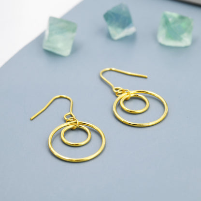 Double Circle Drop Hook Earrings in Sterling Silver, Silver or Gold, Minimalist Dangle Earrings