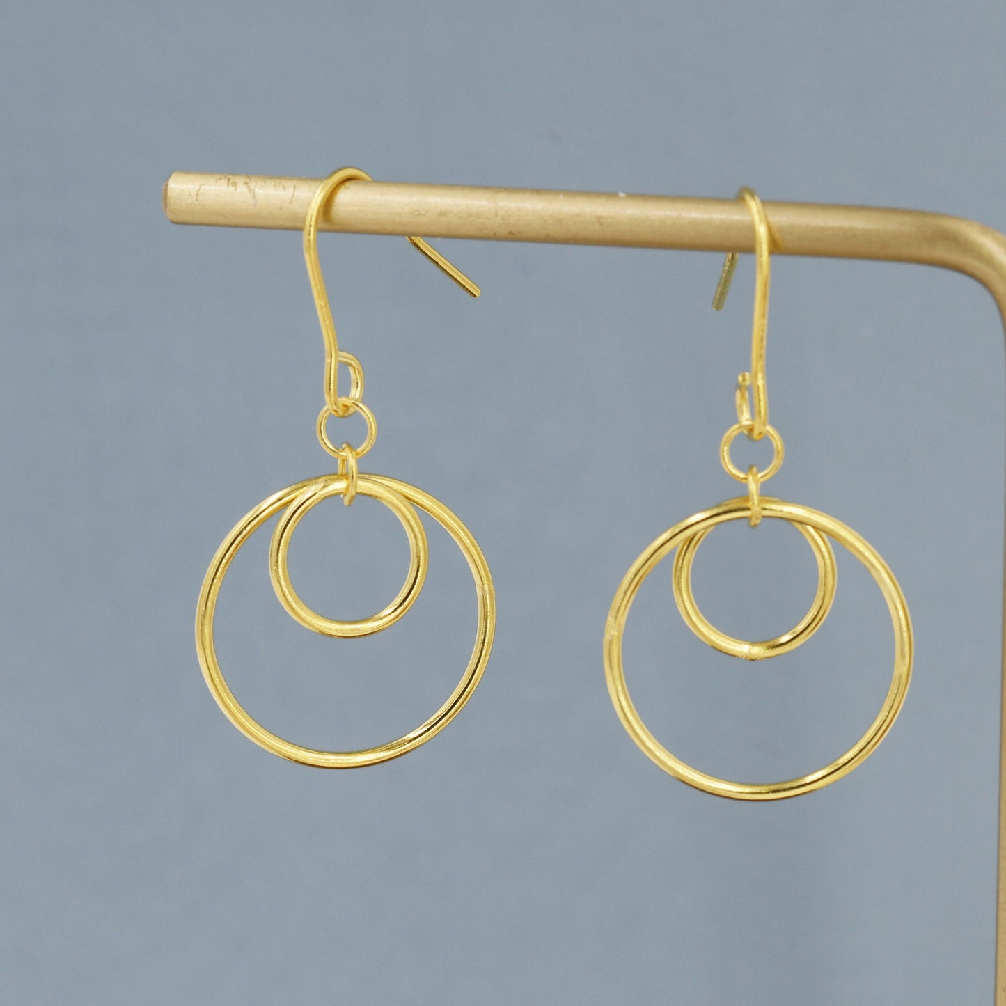 Double Circle Drop Hook Earrings in Sterling Silver, Silver or Gold, Minimalist Dangle Earrings