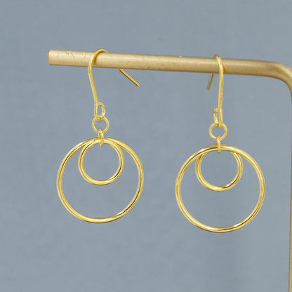 Double Circle Drop Hook Earrings in Sterling Silver, Silver or Gold, Minimalist Dangle Earrings