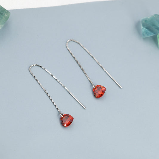 Garnet Red CZ Heart Threader Earrings in Sterling Silver, Silver or Gold, Heart CZ Ear Threaders, Minimalist and Geometric Threaders